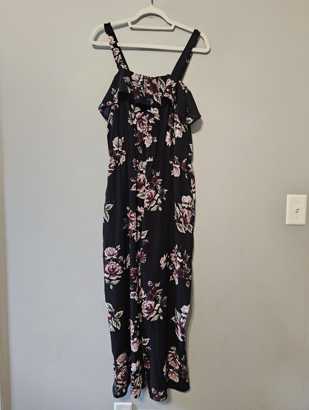 No Boundaries Black Floral Jumpsuit with Pink Rose Print